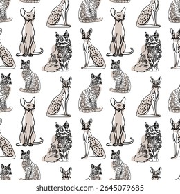 Padrão de desenho de gato sem costura com estilo desenhado à mão. Padrão sem emenda do vetor de gatos no projeto da arte da linha