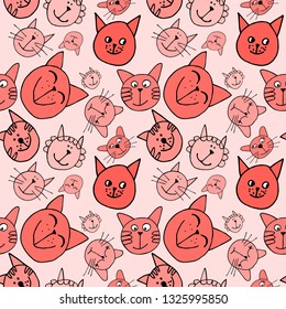 Seamless cat faces pattern in living coral colors.
