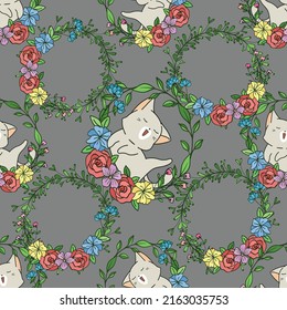 Seamless cat with floral wreath pattern