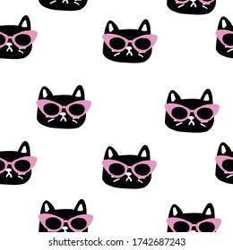 Seamless cat head pattern with cute Kittens in 50s cat eye sunglasses. Creative childish white texture. Great for fabric, textile Vector Illustration