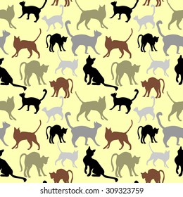 Seamless cat pattern. Animals textile collection. Abstract vector background.  Black, grey, beige on yellow. Backgrounds & textures shop.