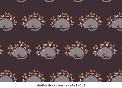 Patrón inconsútil del gato con las hojas del otoño, muestra disponible en el panel de las muestras, gatos adorables que duermen en el fondo oscuro
