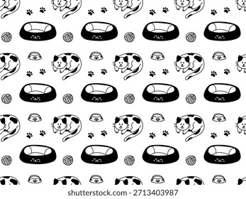 Patrón de gato sin fisuras con camas y cuencos. Fondo de mascota de Vector dibujado a mano 