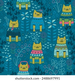 Seamless cat pattern with cute kitties in sweaters. Perfect for cat lovers who want a whimsical and fun design for their projects. Great for apparel, accessories, and home decor items.