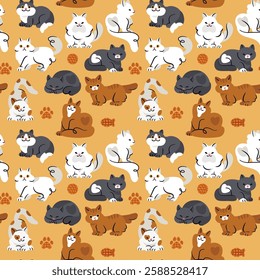 Seamless cat pattern featuring adorable cartoon-style black, white, orange and, calico kitties on a warm yellow background. Perfect for pet-themed projects. Vector illustration.