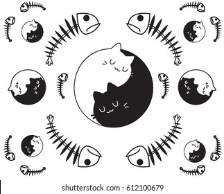 Seamless cat pattern with fishbone. Template for the fabric, cover. White and black pattern in form of Yin-Yang