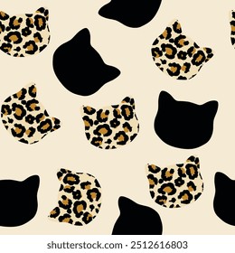 Seamless cat pattern with isolated abstract wild african animal leopard skin background elements in brown and black colors