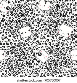 Seamless cat pattern with leopard background in vector