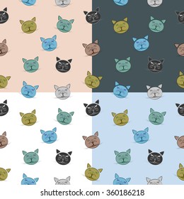 Seamless cat pattern with muzzle composed of tree and bird elements, four various color version.