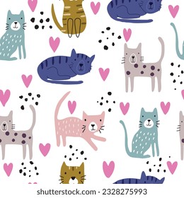 Seamless cat pattern with pink heart and black dot on white background.