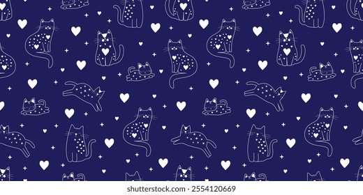 Seamless Cat Pattern with Stars and Hearts