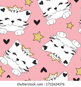 seamless cat pattern vector illustration, cute princess cat cartoon