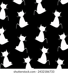Seamless cat pattern vector on a black background.