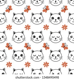 Seamless cat pattern. White background. Vector illustration.