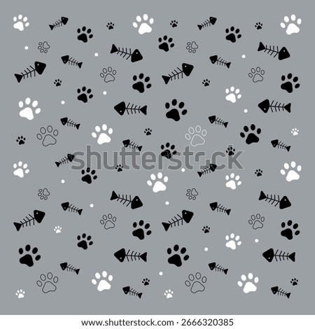 Seamless cat paw fish pattern. Fish bone, footprint, cat paw element. Pet veterinary pattern. Vector illustration.