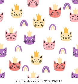 Seamless cat princess pattern. Cute princess cats seamless pattern, little kitty. Girlish print for textiles