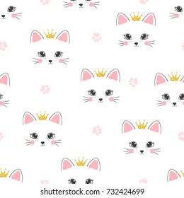 Seamless cat princess pattern. Vector background for kids.