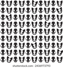 Seamless cat skull background. Black and white pattern with a feline skull and silhouettes of feline heads. Halloween. Vector illustration isolated on a white background for design and web.