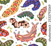 Seamless caterpillar pattern. Cute colorful insects, butterfly larva crawling, endless background. Repeating print, nature texture for textile, fabric, wrapping design. Flat vector illustration