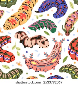 Seamless caterpillar pattern. Cute colorful insects, butterfly larva crawling, endless background. Repeating print, nature texture for textile, fabric, wrapping design. Flat vector illustration