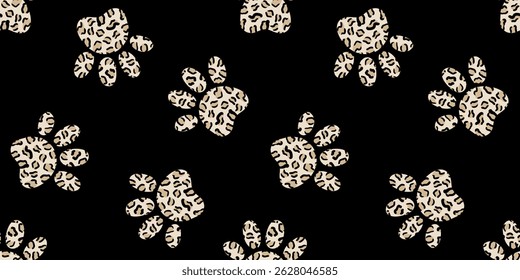 seamless cats animal paw print pattern with leopard texture on black background – stylish trendy design for fabric, kids fashion, wrapping paper, pet products