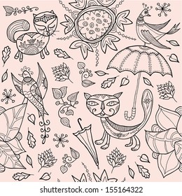 seamless, with cats and birds. suited for festive decoration