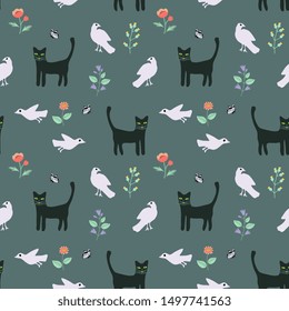 Seamless cats and birds vector pattern