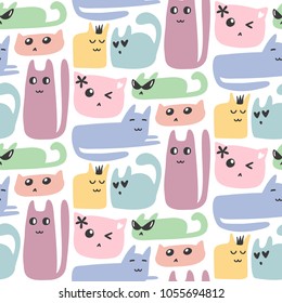 Seamless cats doodle pattern. Flat ornament with cartoon character in soft palette. Simple vector repeating texture. Modern swatch. Childish background for textile, print and any your design.