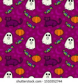 Seamless Cats, Ghost, Pumpkins, Candies, Moon and Stars Pattern.