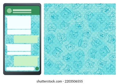 Seamless cats pattern for chat background for mobile app vector design, smart phone with chat messages on the display illustration with cat emoji