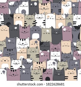 Seamless cats pattern. Hand drawn cartoon cats seamless background.