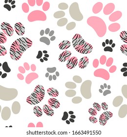 Seamless cats paws pattern with tiger print for kids design.