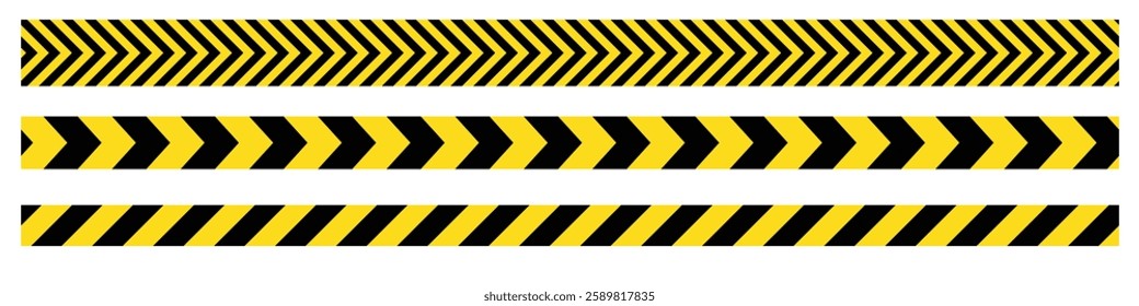 Seamless Caution tape set. Yellow black warning stripes collection. Repeating construction, hazard, danger. Black and yellow diagonal stripe. EPS vector illustration