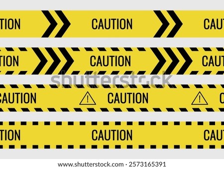Seamless caution tapes with yellow and black warning stripes and warning triangle symbol