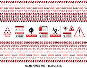 Seamless Caution Warning Tape. Stop Covid-19 Sign. Red White. Danger Tape. Red And White Attention Stripe Set. Warning Signs. Caution Lines. Vector Illustration. Sign Stop Virus. Pandemic Stop Sign.