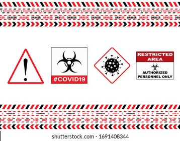 Seamless Caution Warning Tape. Stop Covid-19 Sign. Red White. Danger Tape. Red And White Attention Stripe Set. Warning Signs. Caution Lines. Vector Illustration. Sign Stop Virus. Pandemic Stop Sign.