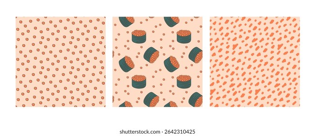 Seamless Caviar Roll pattern set, Sushi Roll with caviar. Hand drawn lineart vector illustration. Set of three. Repeated background for textile, wallpaper, packaging. Japanese food and rolls menu