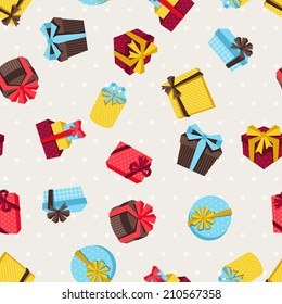 Seamless celebration pattern with colorful gift boxes.