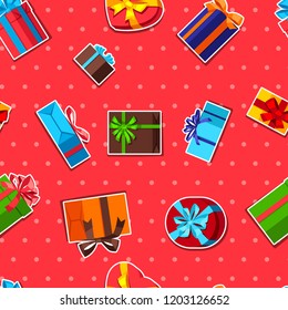 Seamless celebration pattern with sticker gift boxes.
