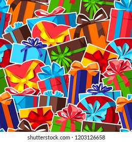 Seamless celebration pattern with sticker gift boxes.