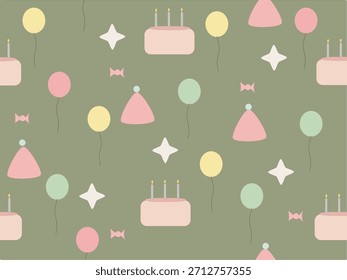 A seamless celebration-themed pattern on a muted green background, featuring balloons, stars, party hats, cakes, and cute decorative elements. Perfect for birthday products, children’s items, wrapping