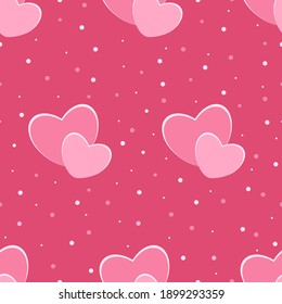 Seamless celebratory pattern with pair pink hearts and drop elements on the cherry background.
Pattern for decorating gifts, 
envelopes, fabrics and clothes for Valentine`s Day.