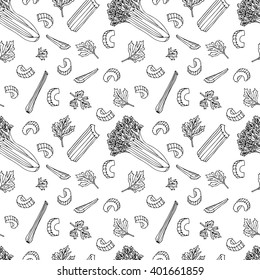 Seamless celery pattern. Hand drawn doodle vegetables.