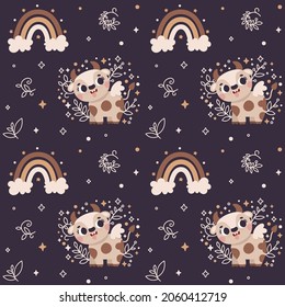 Seamless celestial Astrology cute vector pattern with Zodiac Sign Taurus and rainbows, clouds, moon, rain, stars