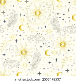 Seamless celestial background with stars, feathers and clouds. Blue seamless astrological pattern for tarot, boho ornament for zodiac, design, textile, packaging, astrology, paper. Vector Illustration