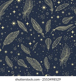 Seamless celestial background with stars and night butterflies. Brown seamless astrological pattern for tarot, boho ornament for zodiac, design, textile, package, astrology, paper. Vector Illustration