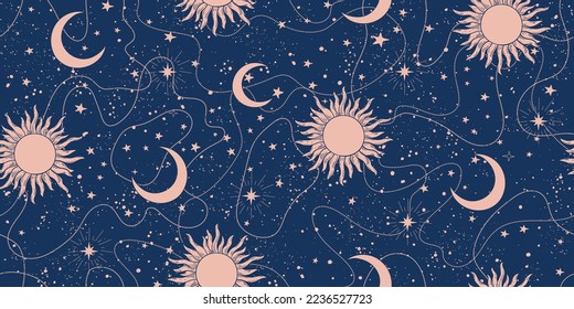 Seamless celestial background with stars, sun and moon. Blue seamless astrological pattern for tarot, boho ornament for zodiac. Vector Illustration.