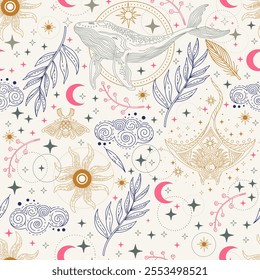 Seamless celestial background with stars, sun and moon. Brown seamless astrological pattern for tarot, boho ornament for zodiac, design, textile, packaging, astrology, paper. Vector Illustration.