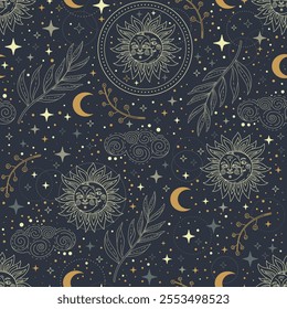 Seamless celestial background with stars, sun and moon. Blue seamless astrological pattern for tarot, boho ornament for zodiac, design, textile, packaging, astrology, paper. Vector Illustration.