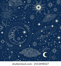 Seamless celestial background with stars, sun and moon. Blue seamless astrological pattern for tarot, boho ornament for zodiac, design, textile, packaging, astrology, paper. Vector Illustration.